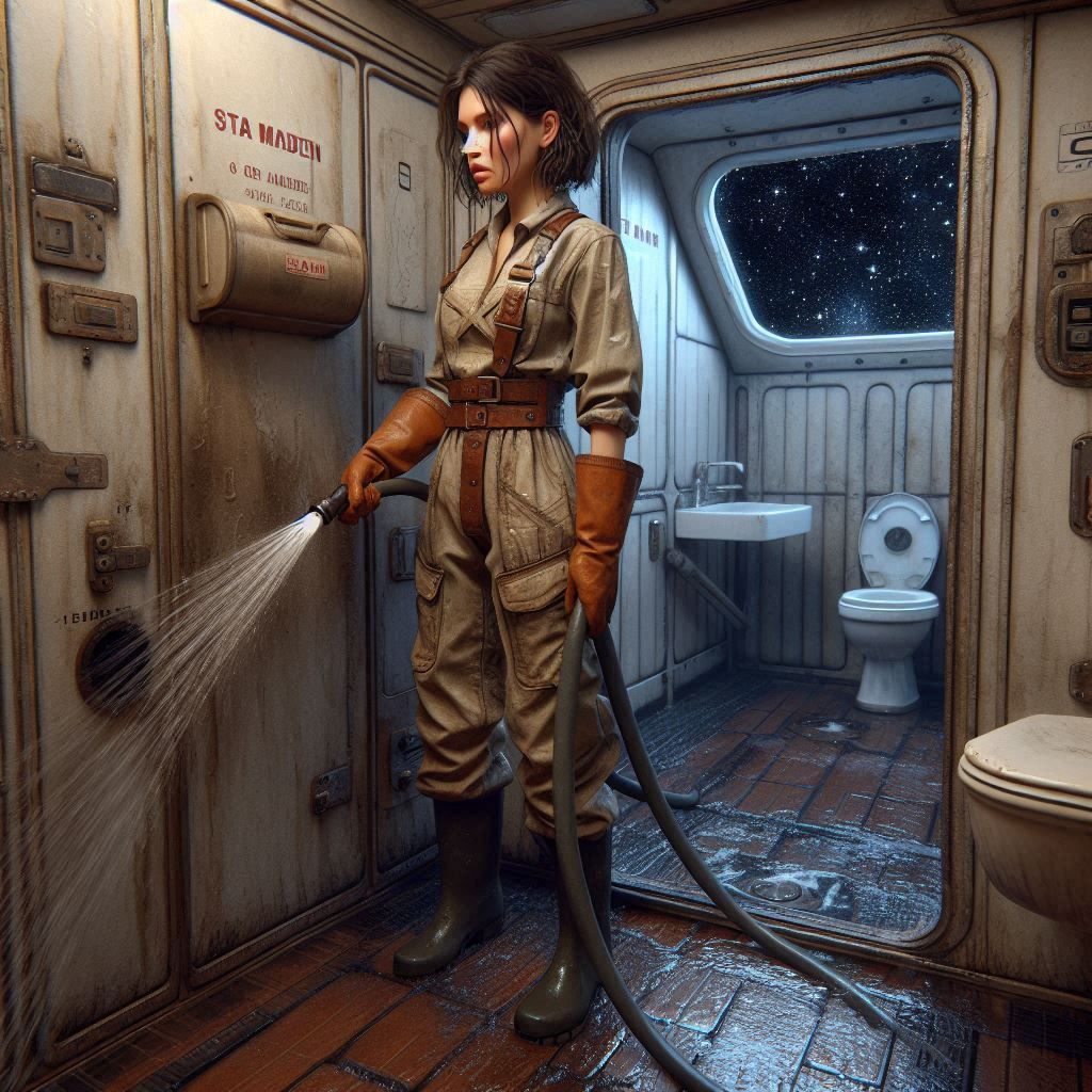 The restroom of an old spacefreighter is being cleaned by an...