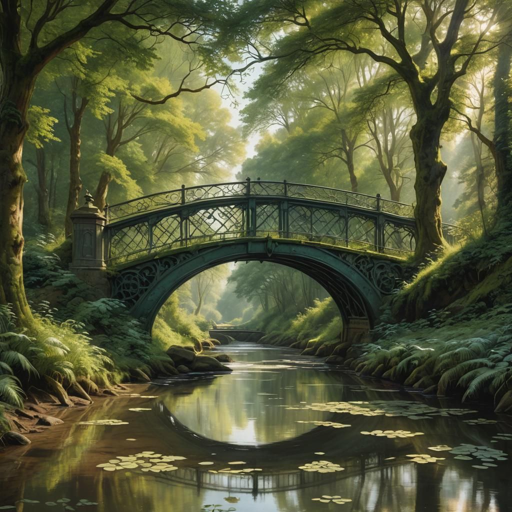 an old overgrown wrought iron bridge in a forest.  by @Terra