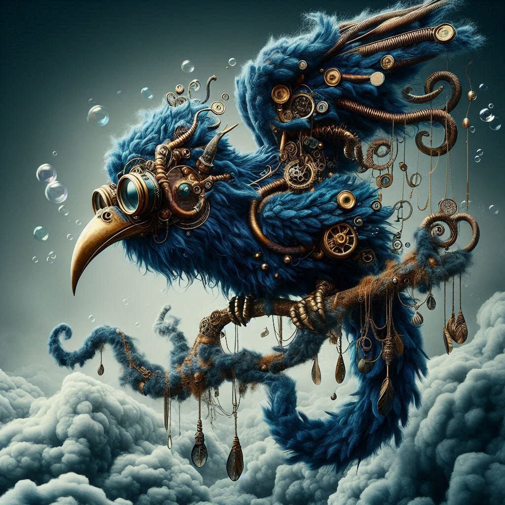 Surreal steampunk blue velvet raven