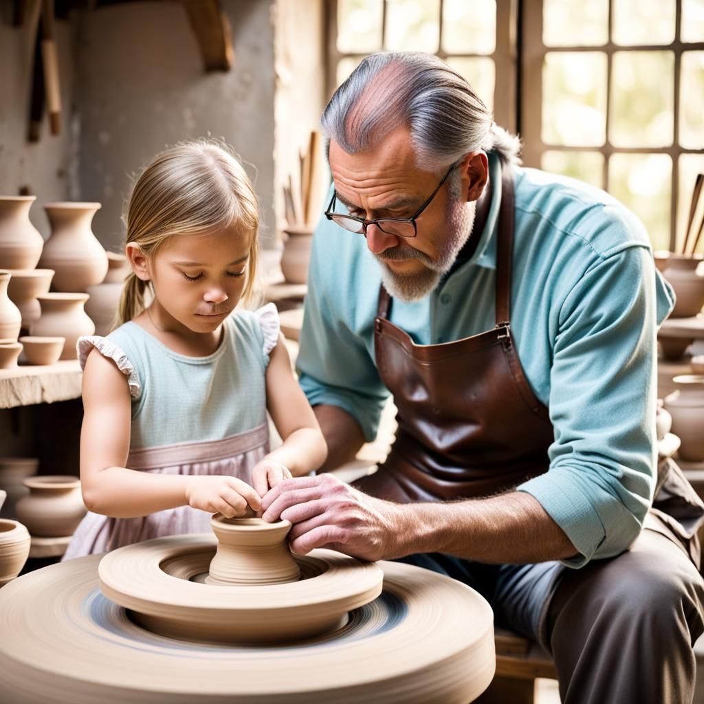 soft pastels, Master potter father teaching his young daughter how to use the pottery wheel  by @A Secret McDaniel