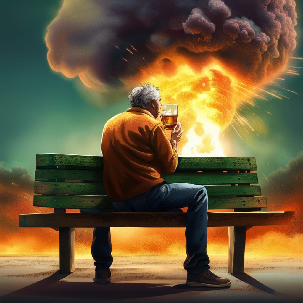 Man sitting on a bench drinking whiskey watching a nuclear e...