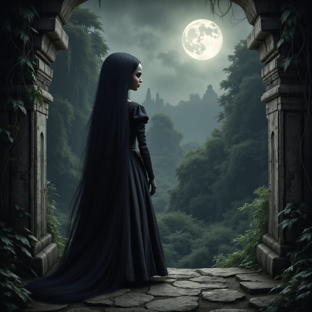 A hauntingly beautiful doll with flowing, dark hair stands at the edge of a forgotten, overgrown temple ruin. Moonlight filters through the ...