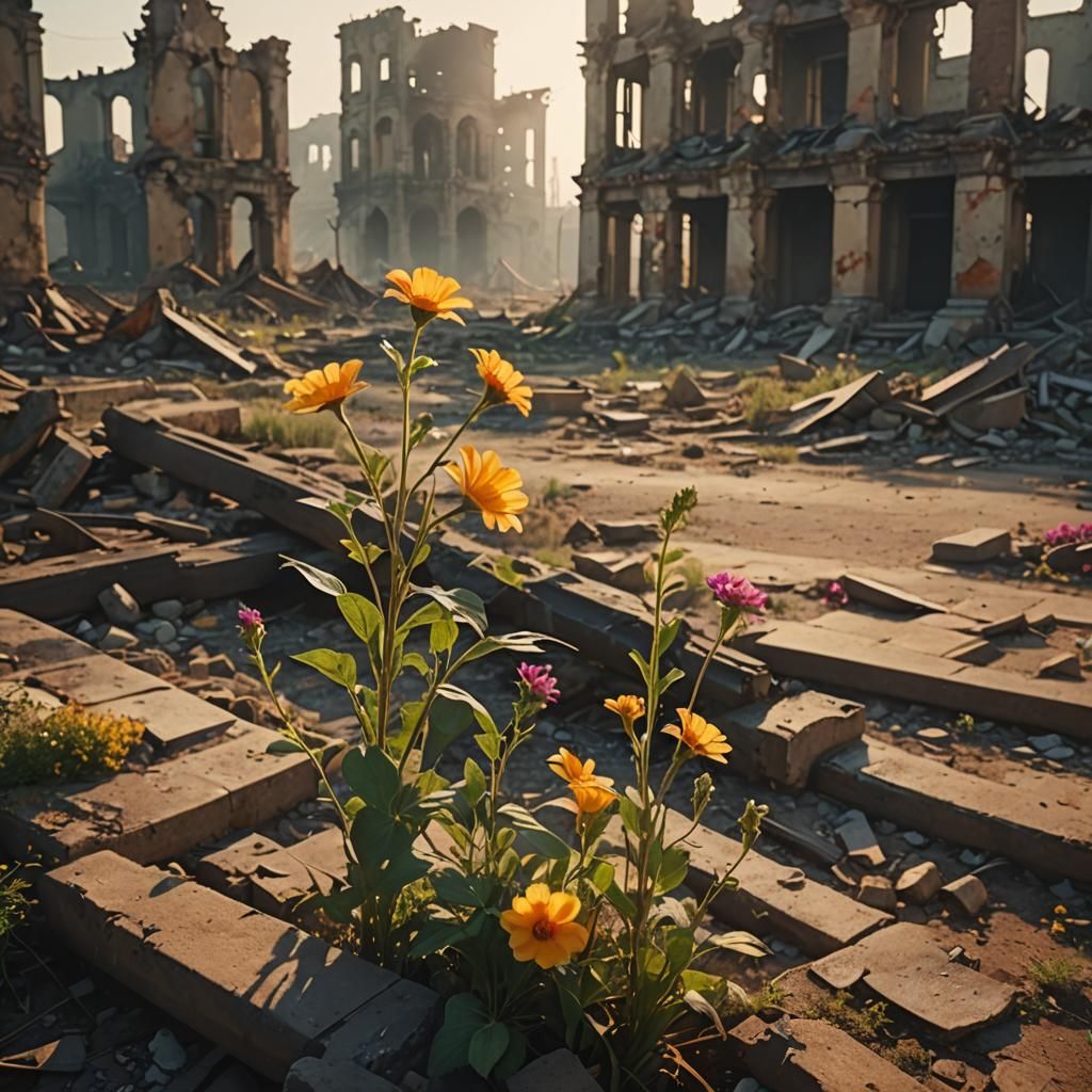 Flowers growing out of  post apolycaptic scene like a hope for a new life  by @Jasira93