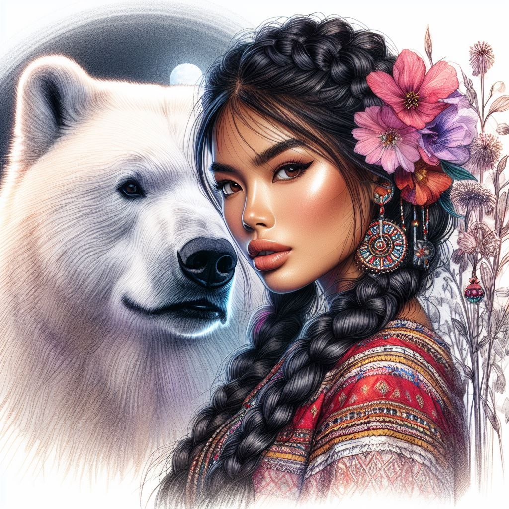 Stunning color sketch of a Beautiful Inuit Beauty with Brown...