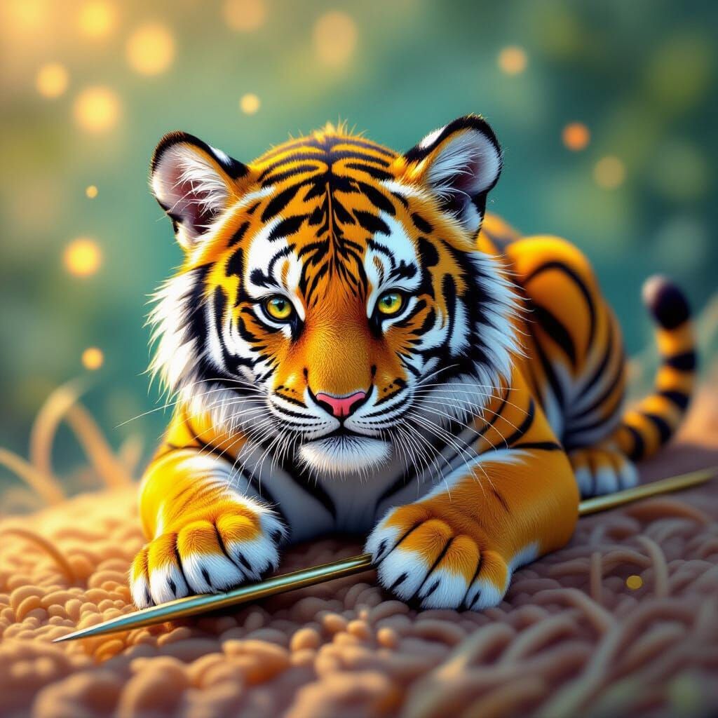 Miniature Tiger on Needle, Surreal Digital Art
