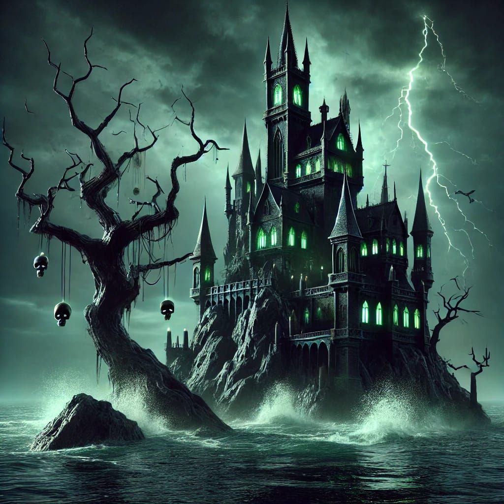 The witch's manor perched atop a jagged rocky outcrop, exuding a gothic and necromantic magical ambiance. The dark, towe...