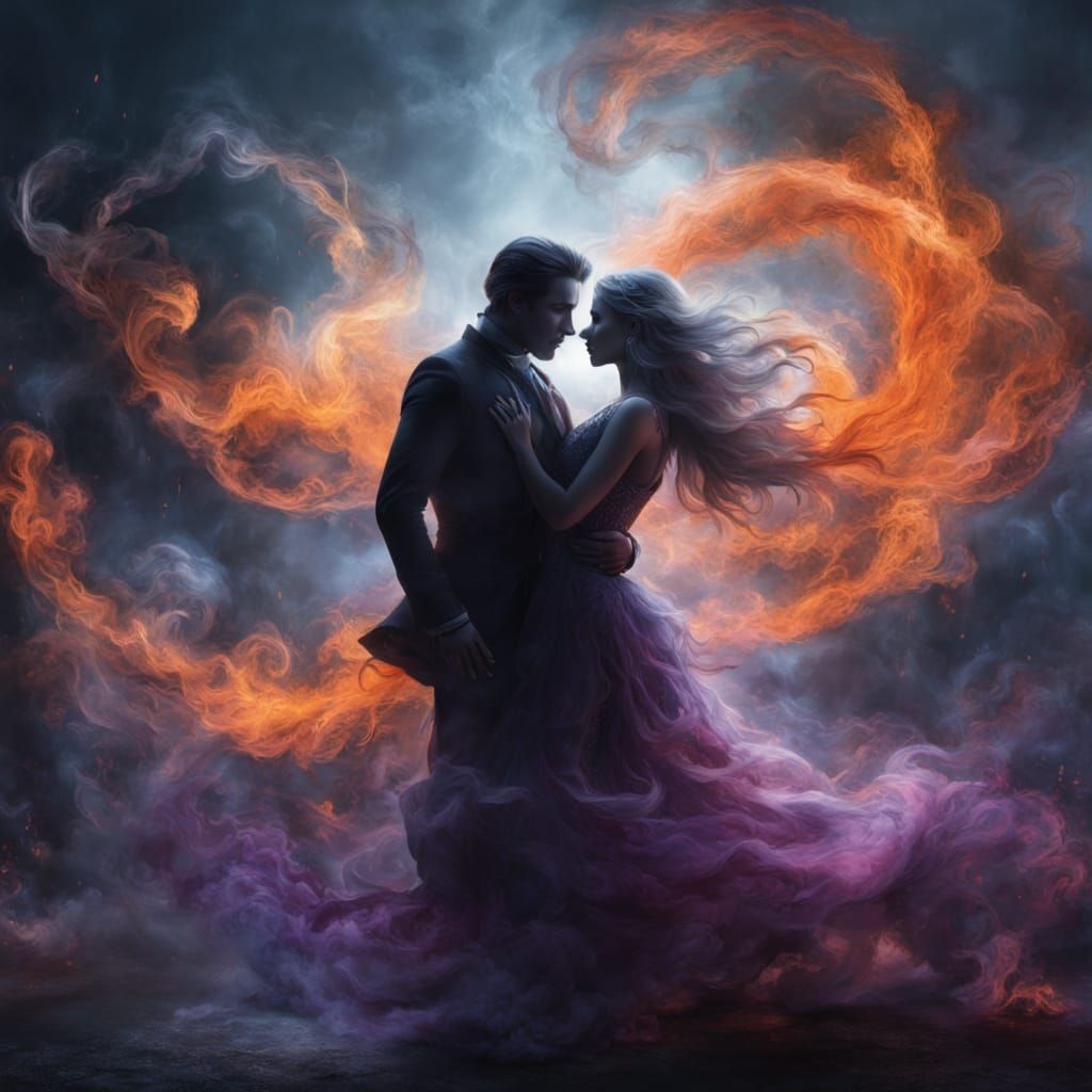 "In front of a blazing sea of fire, a man and a woman made of smoke twirl together in a mystical dance. Their ghostly silhouettes intertwine...