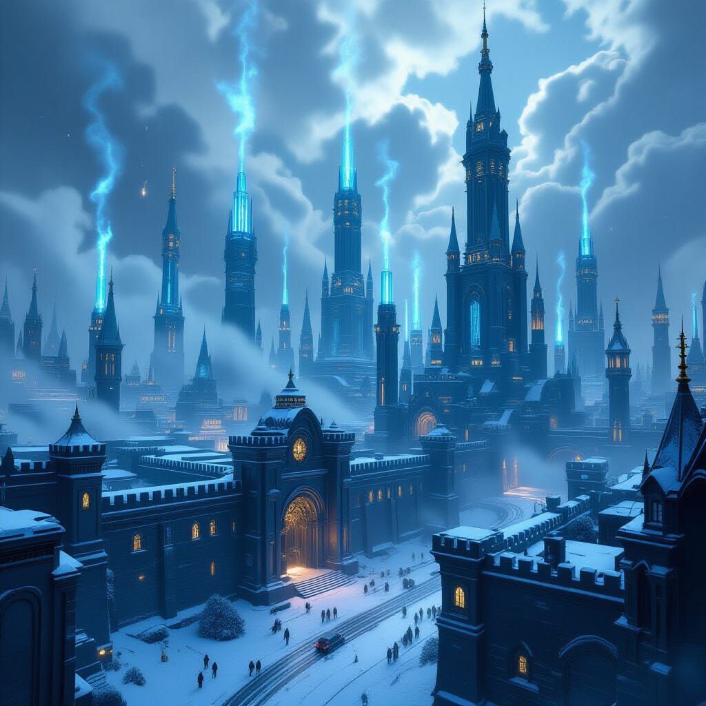 Create a digital matte painting using an aerial panoramic perspective of a gothic-industrial city in the future. The city is characterized b...