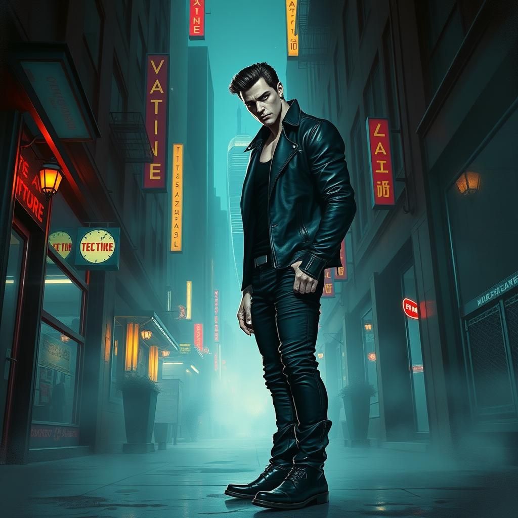 Vampire man, beautiful features, dark hair, modern clothes, modern day city, night time
