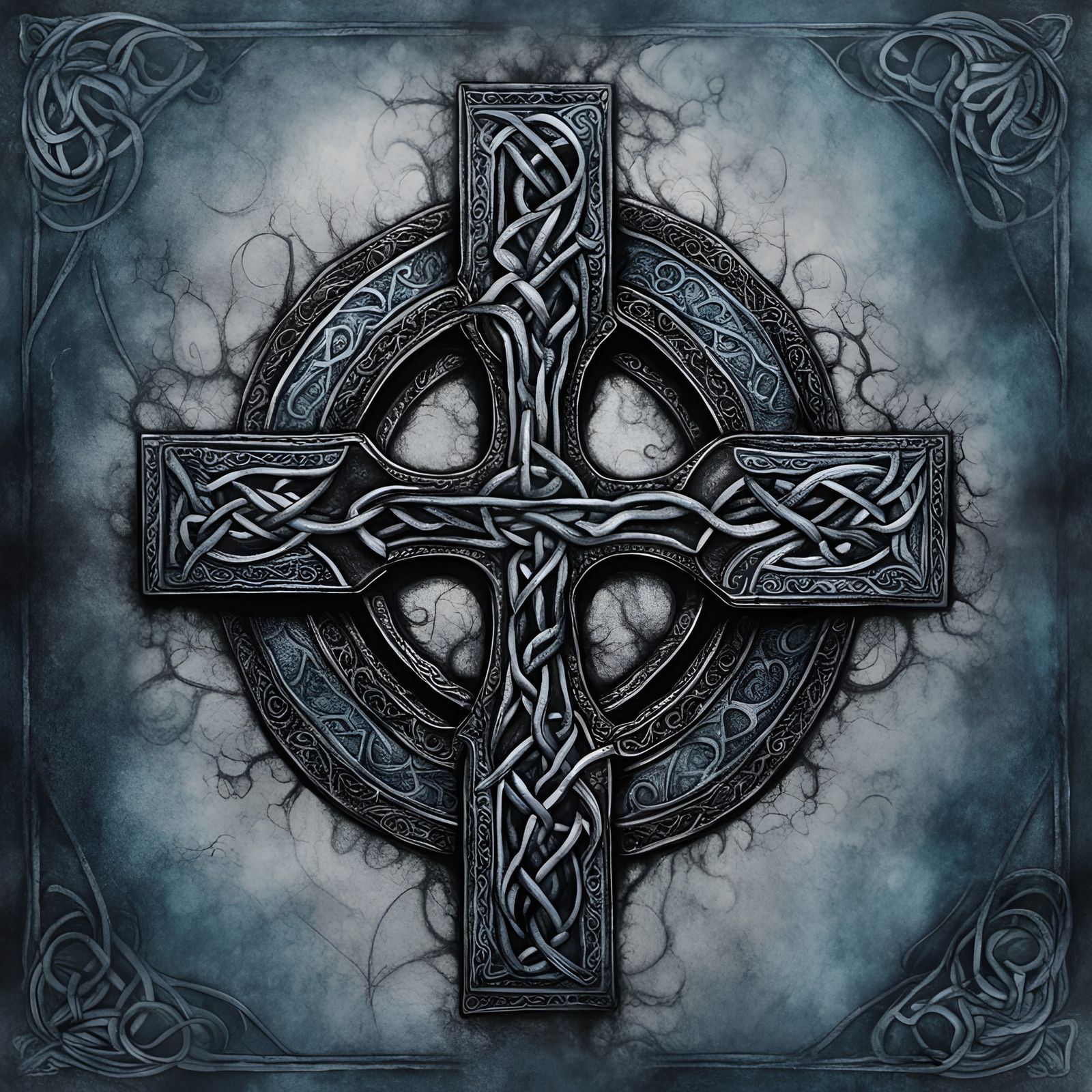Cross in Mystic blue and black mist,celtic patterns necronom...