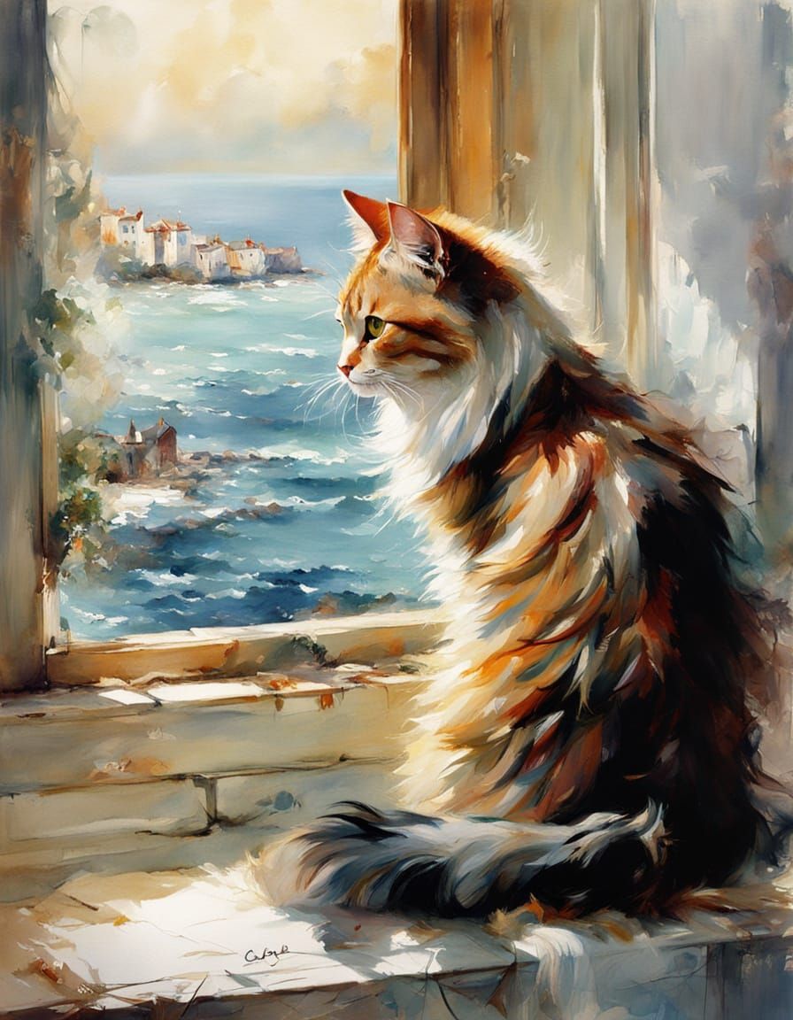 Beautiful long-haired cat in a windowsill  by @Ylona