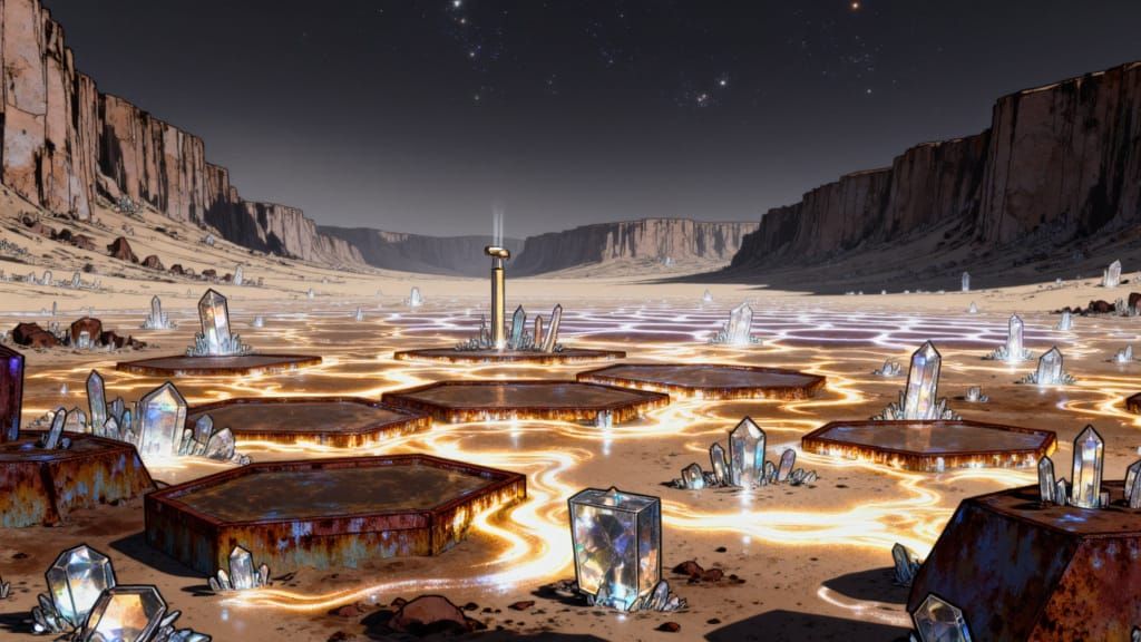 <lora:Crystal Rust V2:1.0> Portrait. a Crystalrust expanse filled with glowing crystals