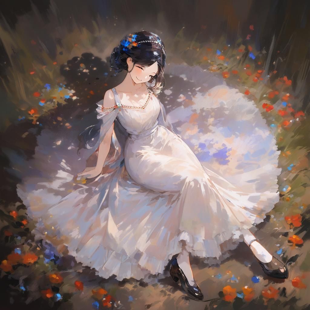 Anime with painterly triadic colors shading. Woman in aquare...
