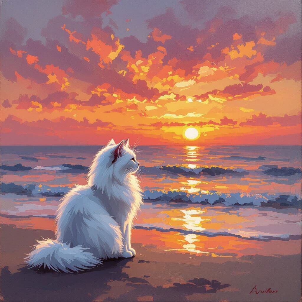 White Cat by Ocean at Sunset