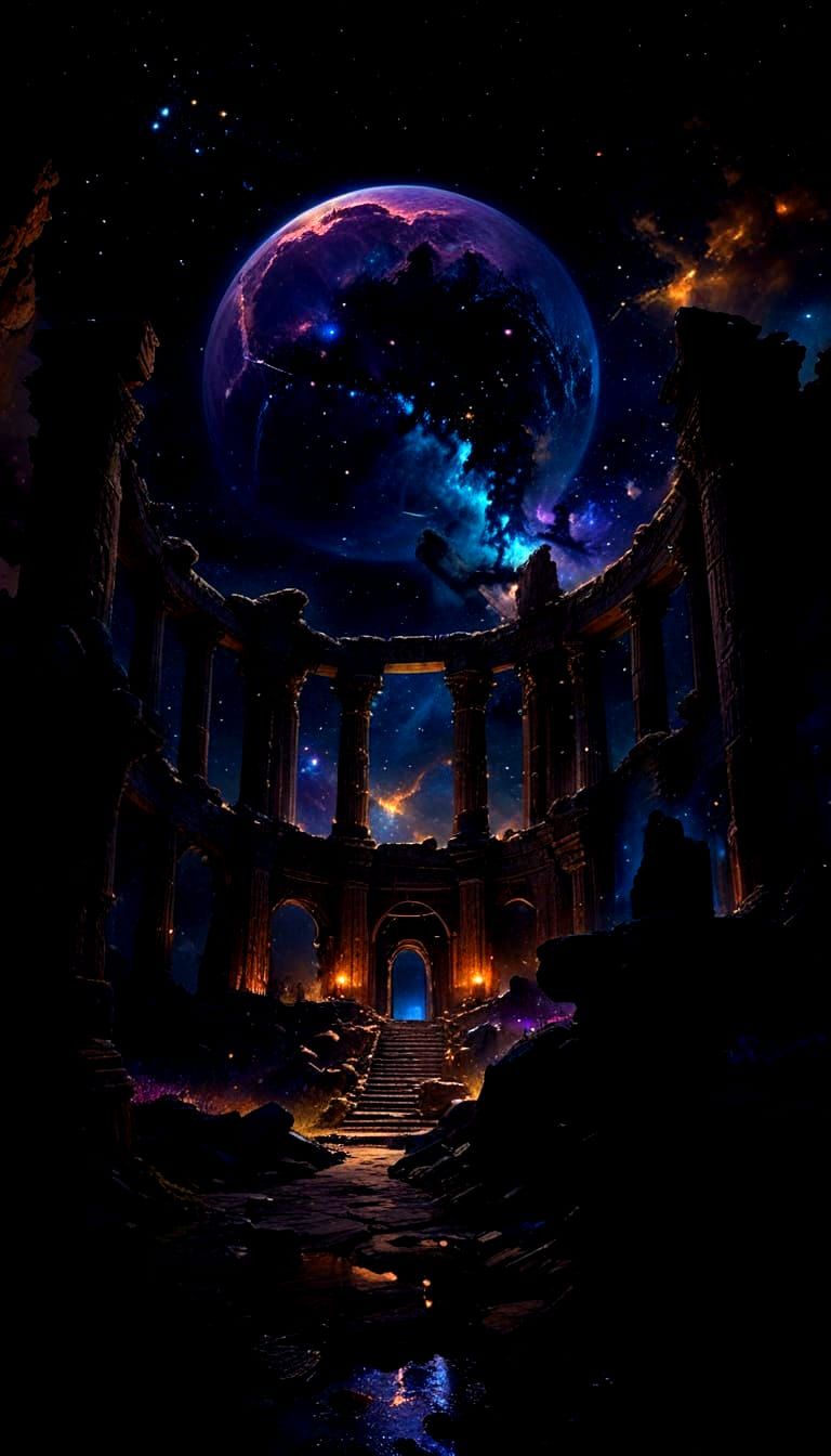 An ancient sacred temple in ruins under the magical night sky 