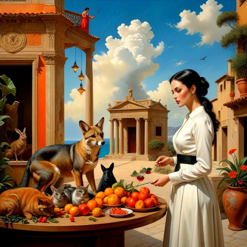 Surrealistic Portrait of a Flamboyantly Dressed Lady in a Fa...