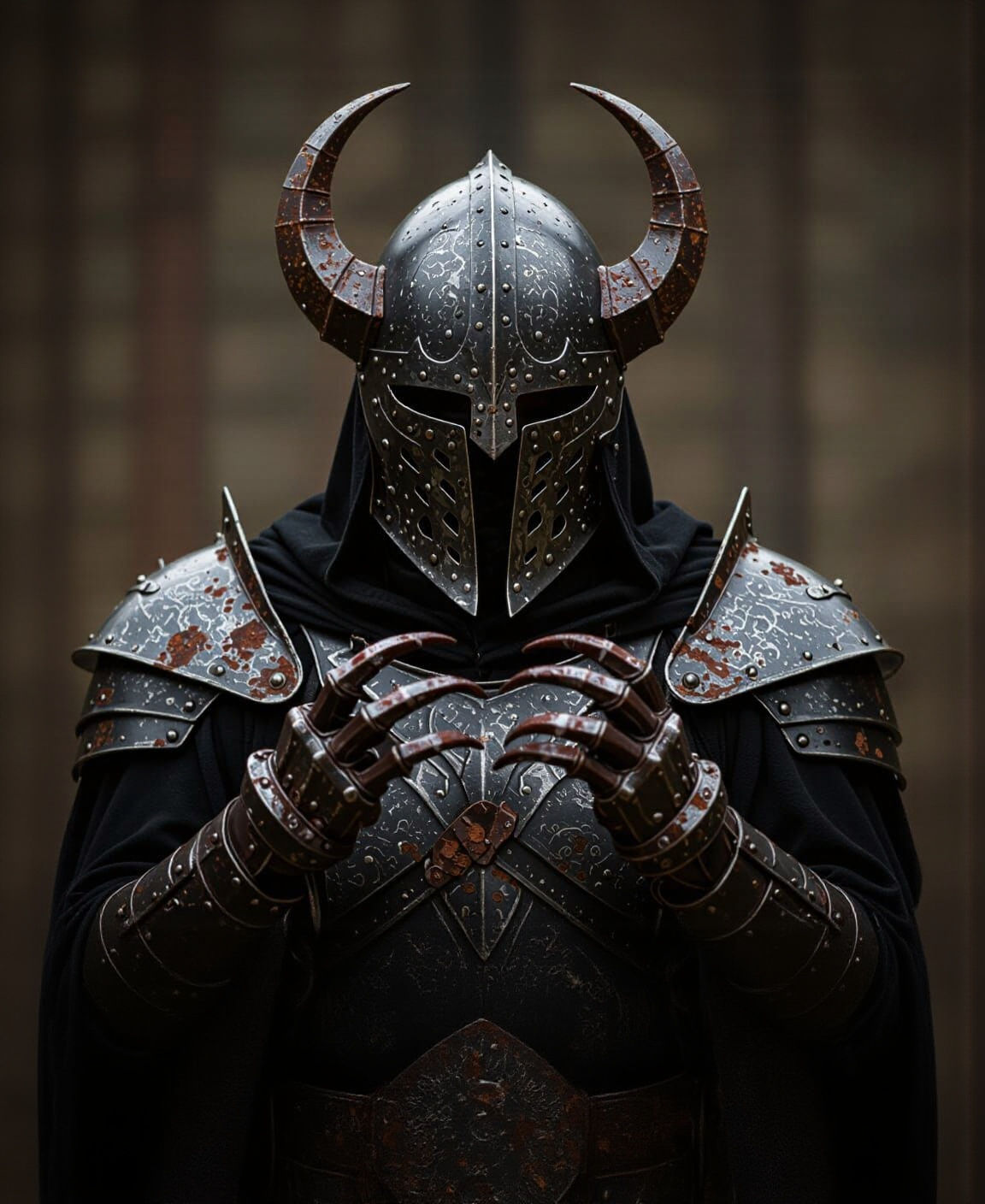 nazgul wearing a full helm with large rusty iron claws