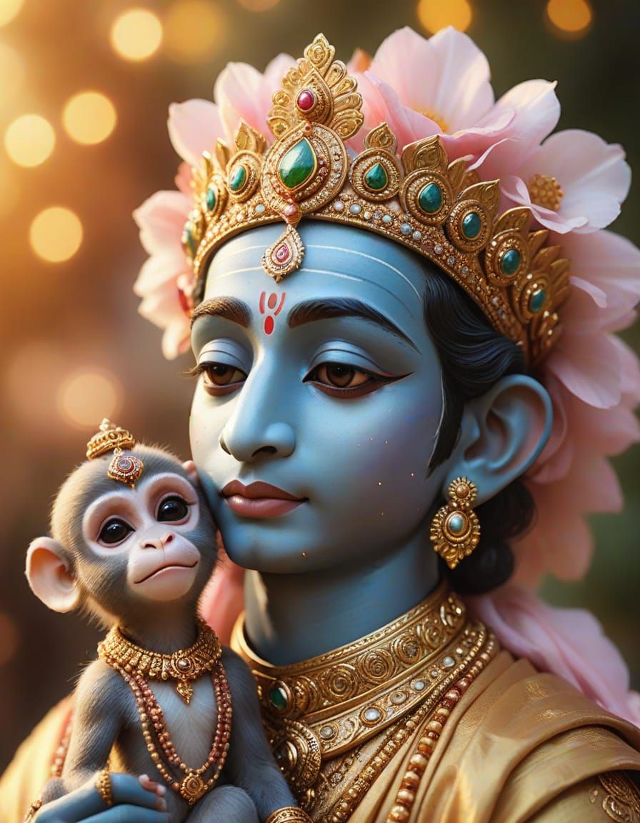 Golden Hour Lord Krishna Portrait with Adoring Monkey Compan...