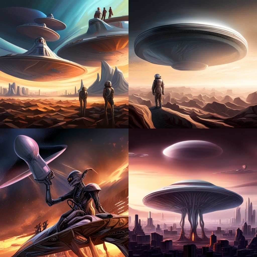 Extraterrestrial Aliens stepping out of a flying saucer UFO....