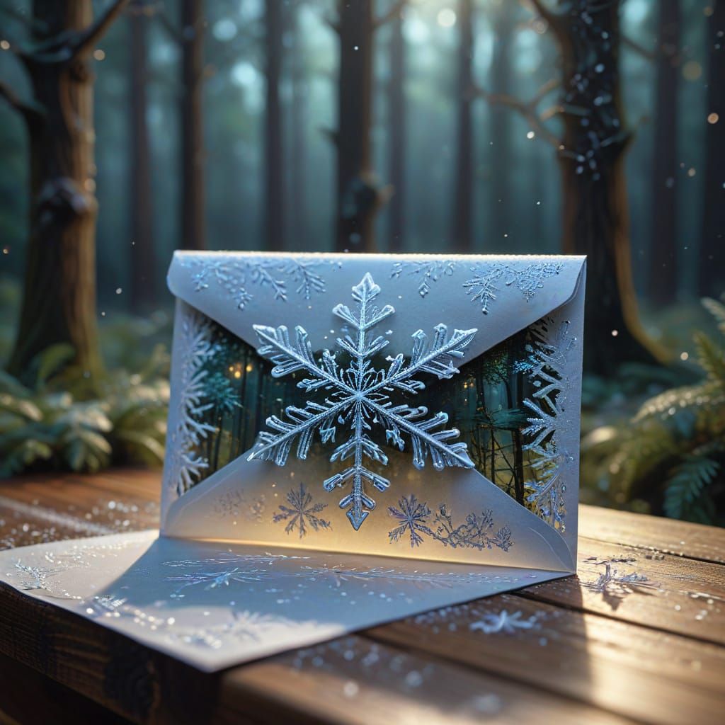 Fotorealismus. Eine Nahaufnahme eines Vintage-Umschlags, der auf einem mit Frost bedeckten Holztisch ...  by @PaderAngel