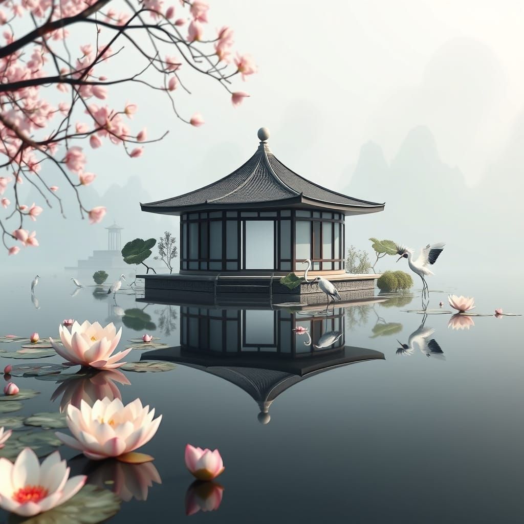 Bauhaus Teahouse Reflected in Lotus Pond