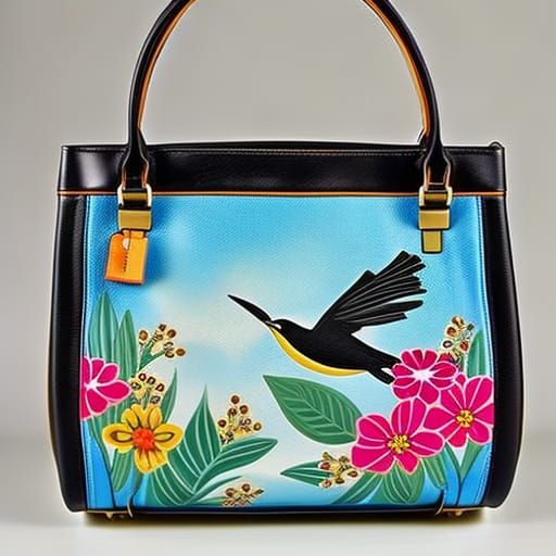 A handpainted handbag with birds and flowers
