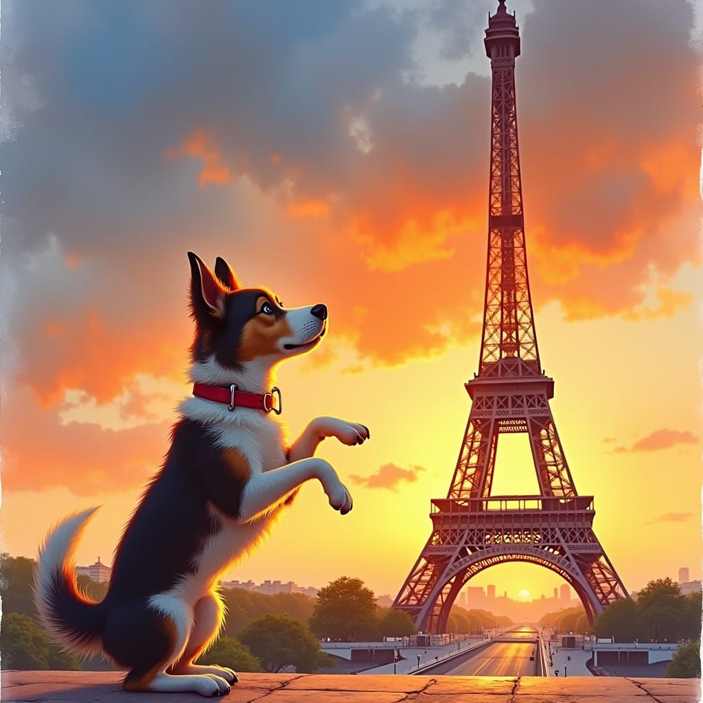 Dog Admiring Eiffel Tower at Sunset in Watercolor Style