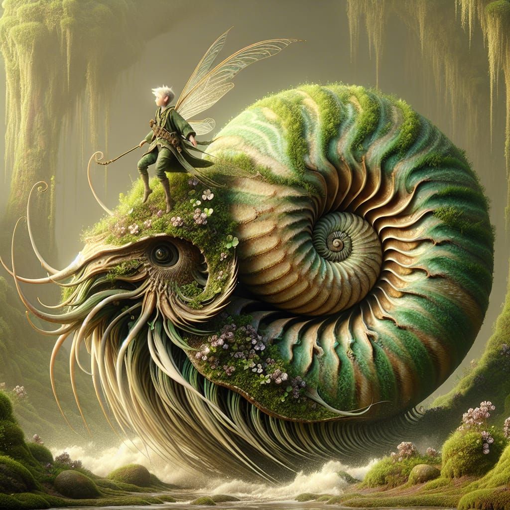 A giant nautilus with his fairy companion  by @Merc