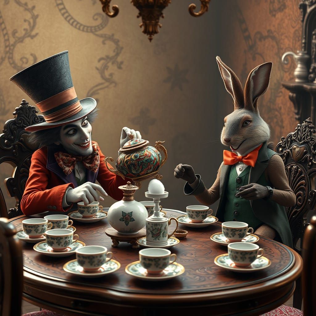 a tea party with the mad hatter and the March hare  sitting at the table having tea. Reminiscent of the style from tim burton’s Alice and w...