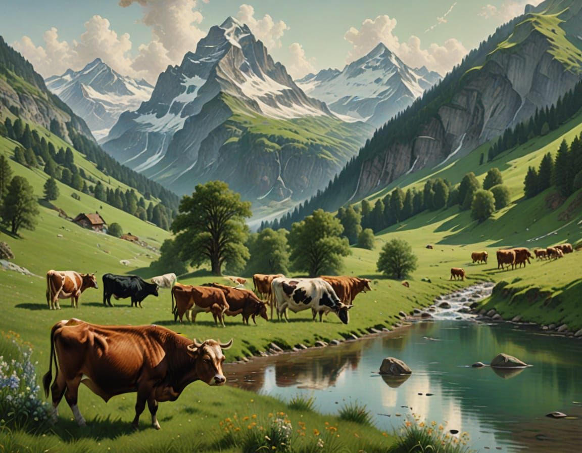 "Photo realistic scene of the Swiss Alps, featuring a herd of cows with bells grazing peacefully in a lush green valley below majestic snow-...