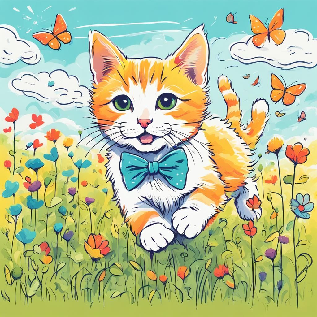 A joyful doodle of a playful kitten