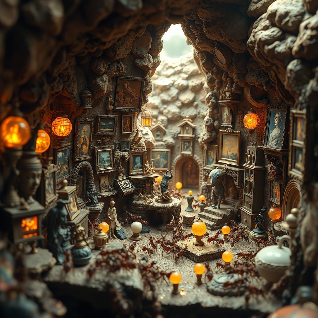 A hyper-detailed anthill city where each chamber is a miniature art gallery, filled with tiny sculptures, ...  by @Kona