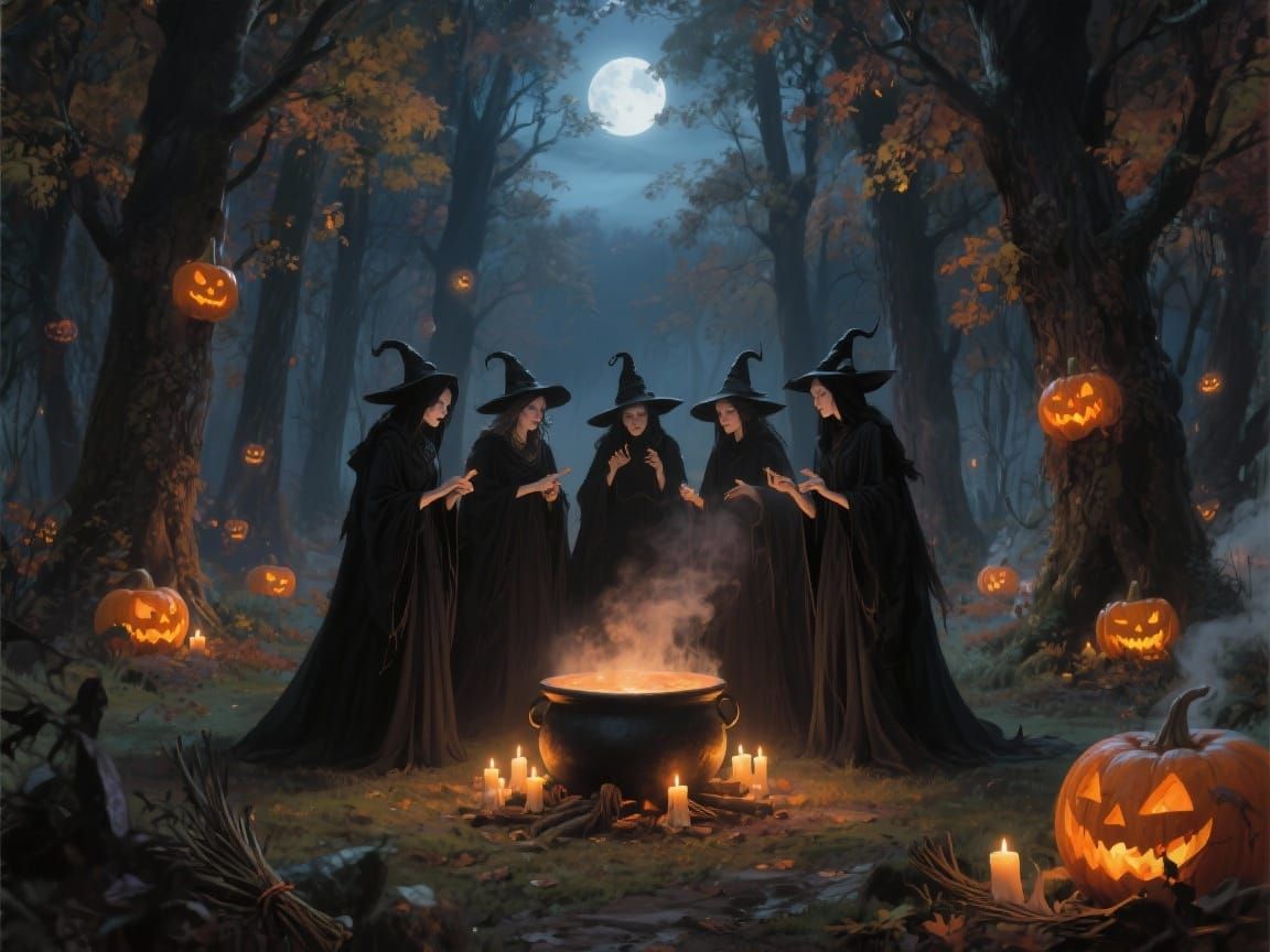 A moonlit forest clearing on a crisp autumn night, surrounded by towering trees adorned with glowing jack-o-lanterns, is the backdrop for a ...