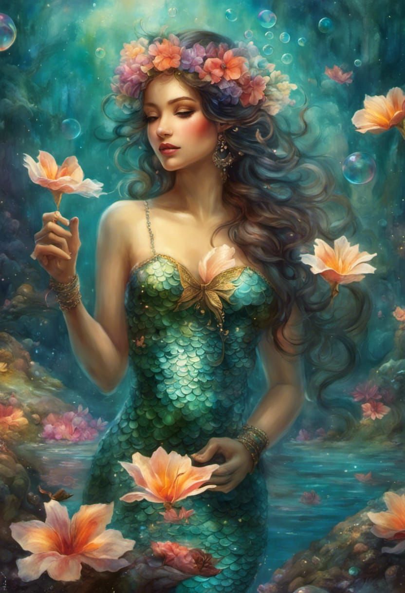 Mermaid picking water flowers