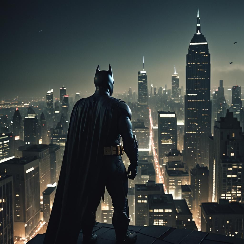 Batman on Gotham Skyscraper in Comic Book Style