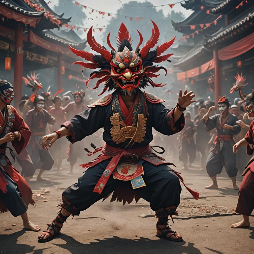 Man dancing while wearing a tengu mask in a festival  by @Thyke