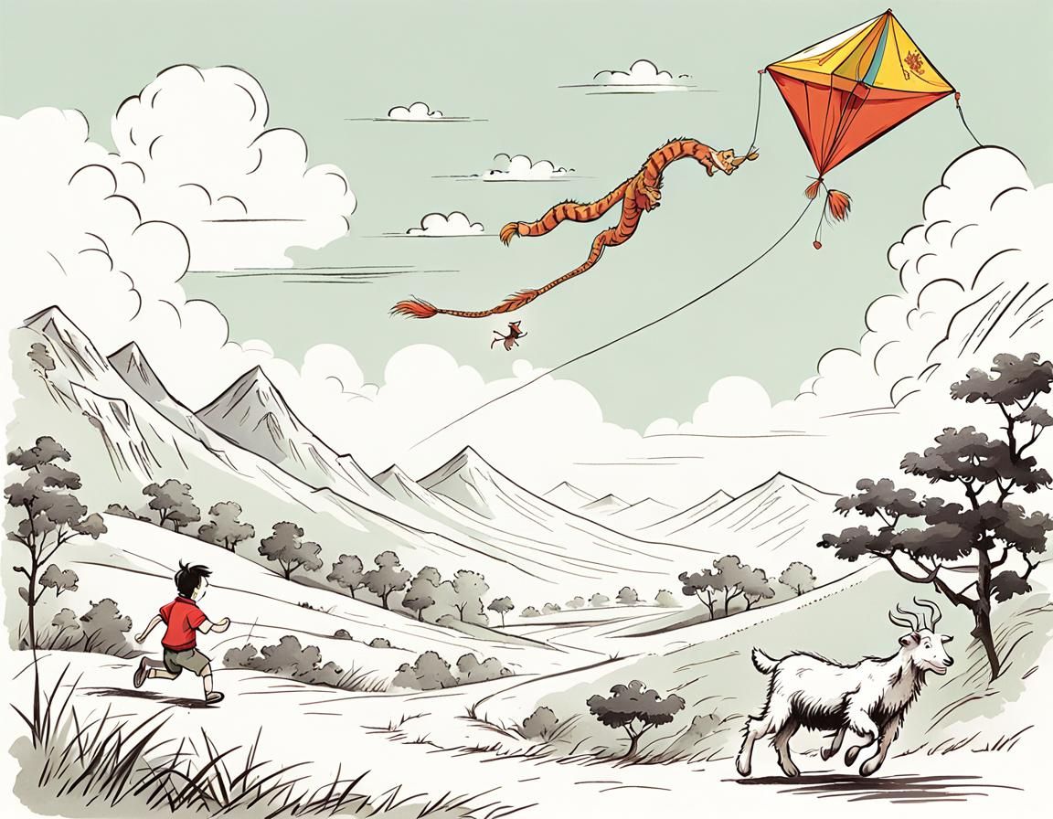 Illustrate in a winnie the pooh style a boy watching a goat ...