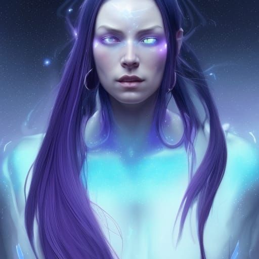 She has long dark purple hair pulled back into a ponytail, h...