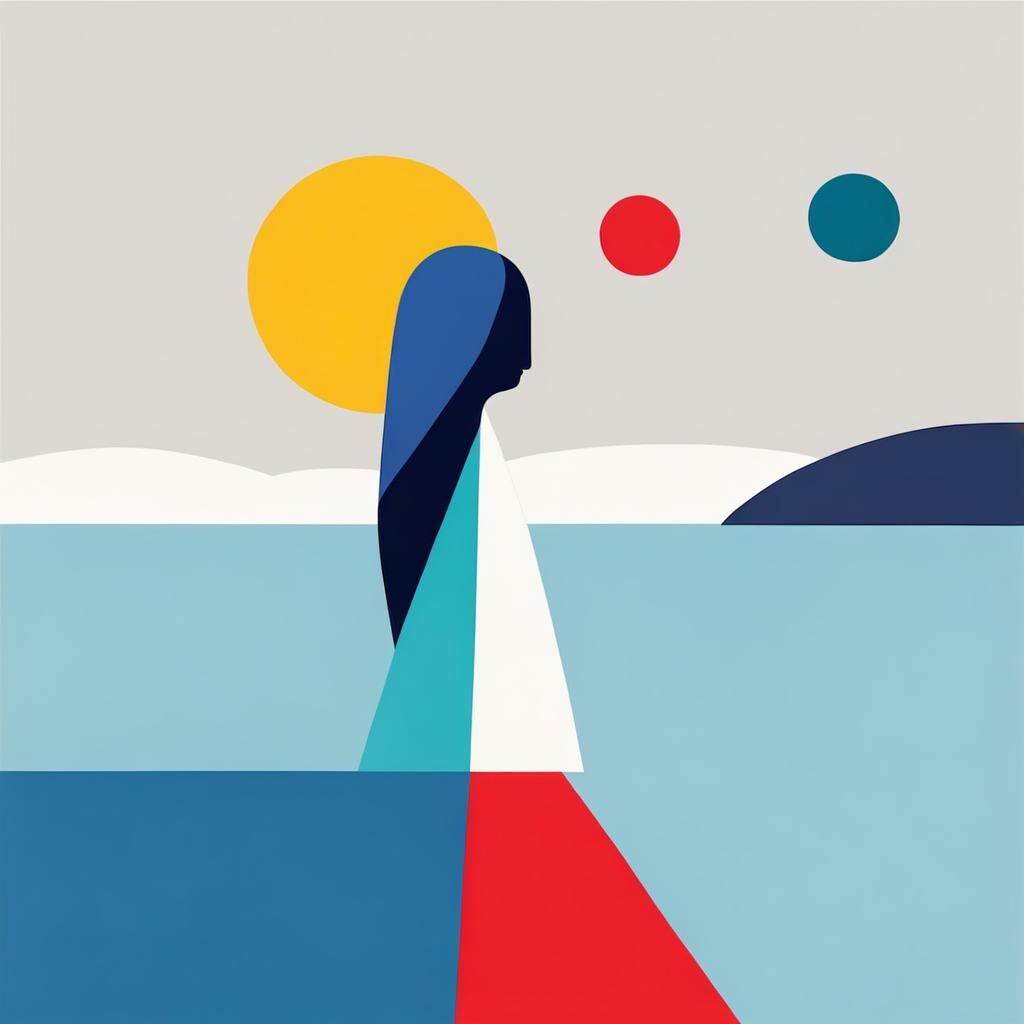 Minimalist Geometric Art with Doll, Hill and Moon