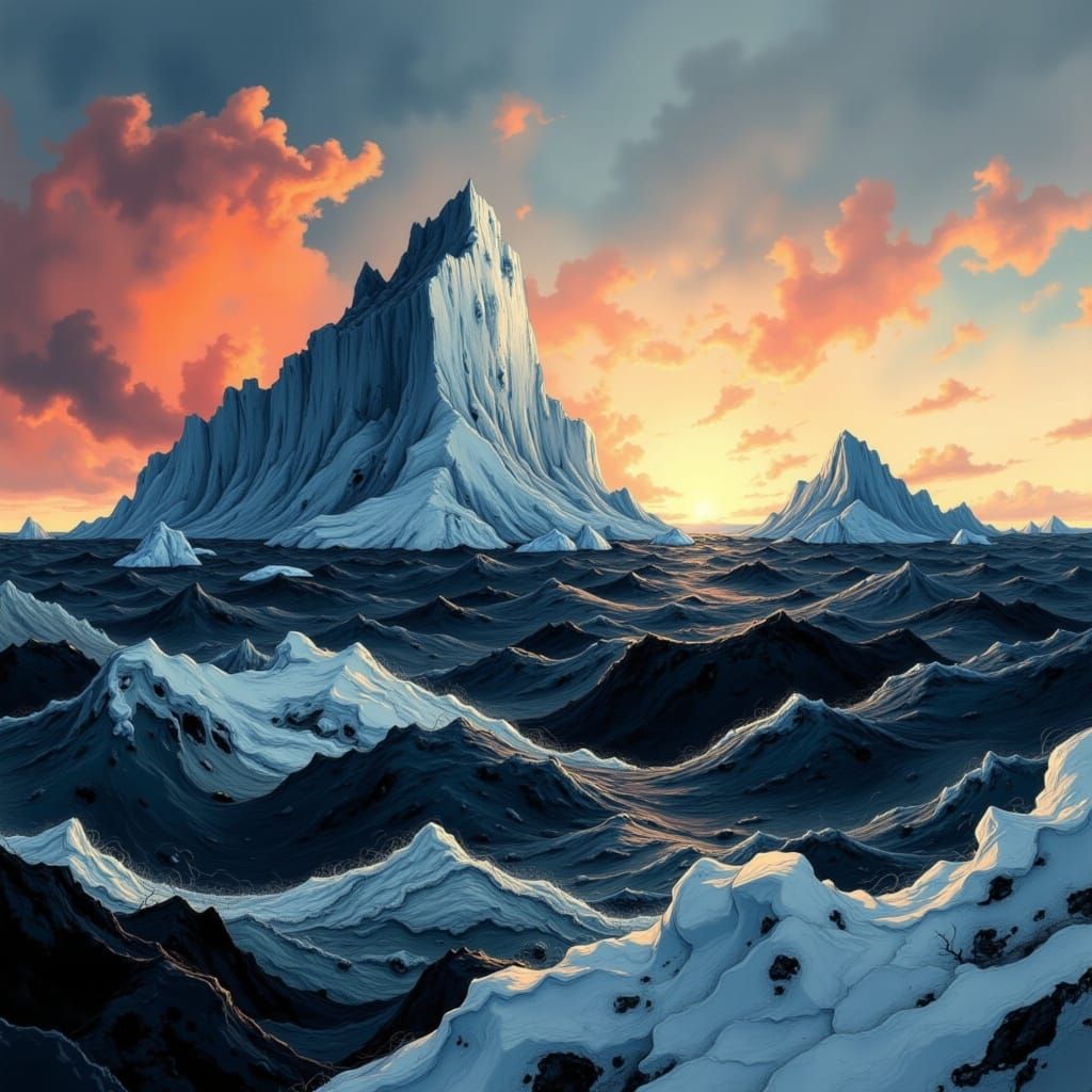 <lora:Noirscape Reverie:1.0> a gigantic iceberg floating out in the deep ocean during a sunset.