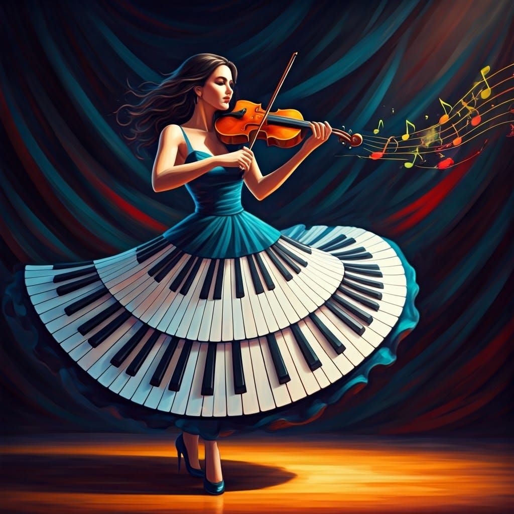 A woman playing the violin and dancing at the same time. Her dress has a piano pattern. Music notes are ...  by @Seiryoku