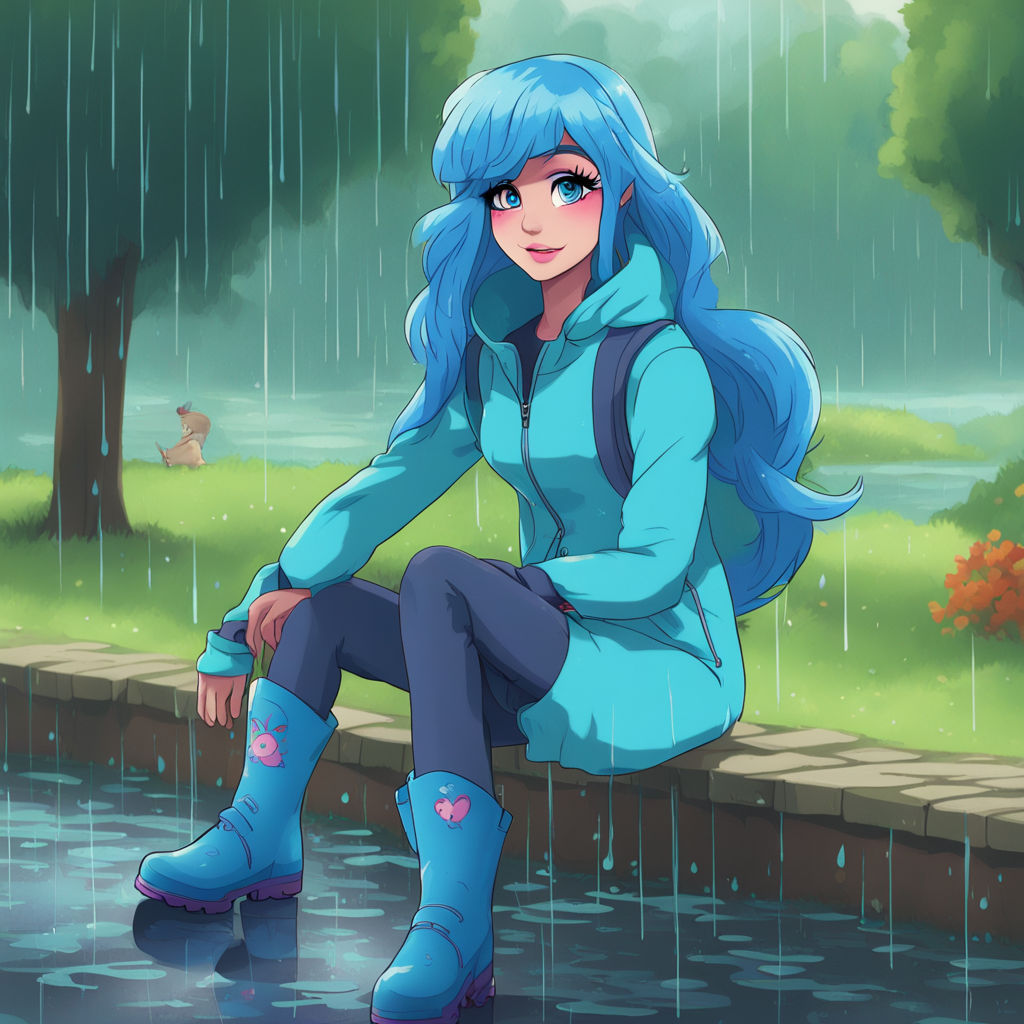 Human Izzy Moonbow, in the park on a rainy day, wearing a rain-suit