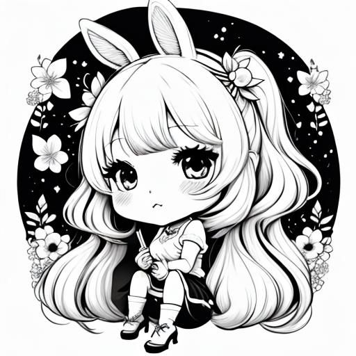 <lora:Coloring Page SD15:1.0> Chibi Bunny, cute, adorable, coloring_book line art, colouring in book colouring in page, clean lines, white b...