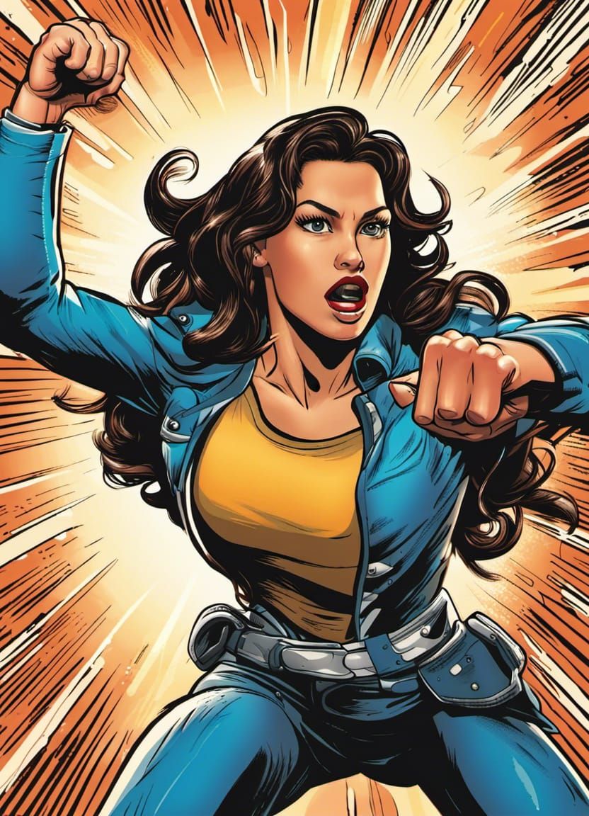 A comic book style drawing of an attractive female hispanic heroine punching the air with