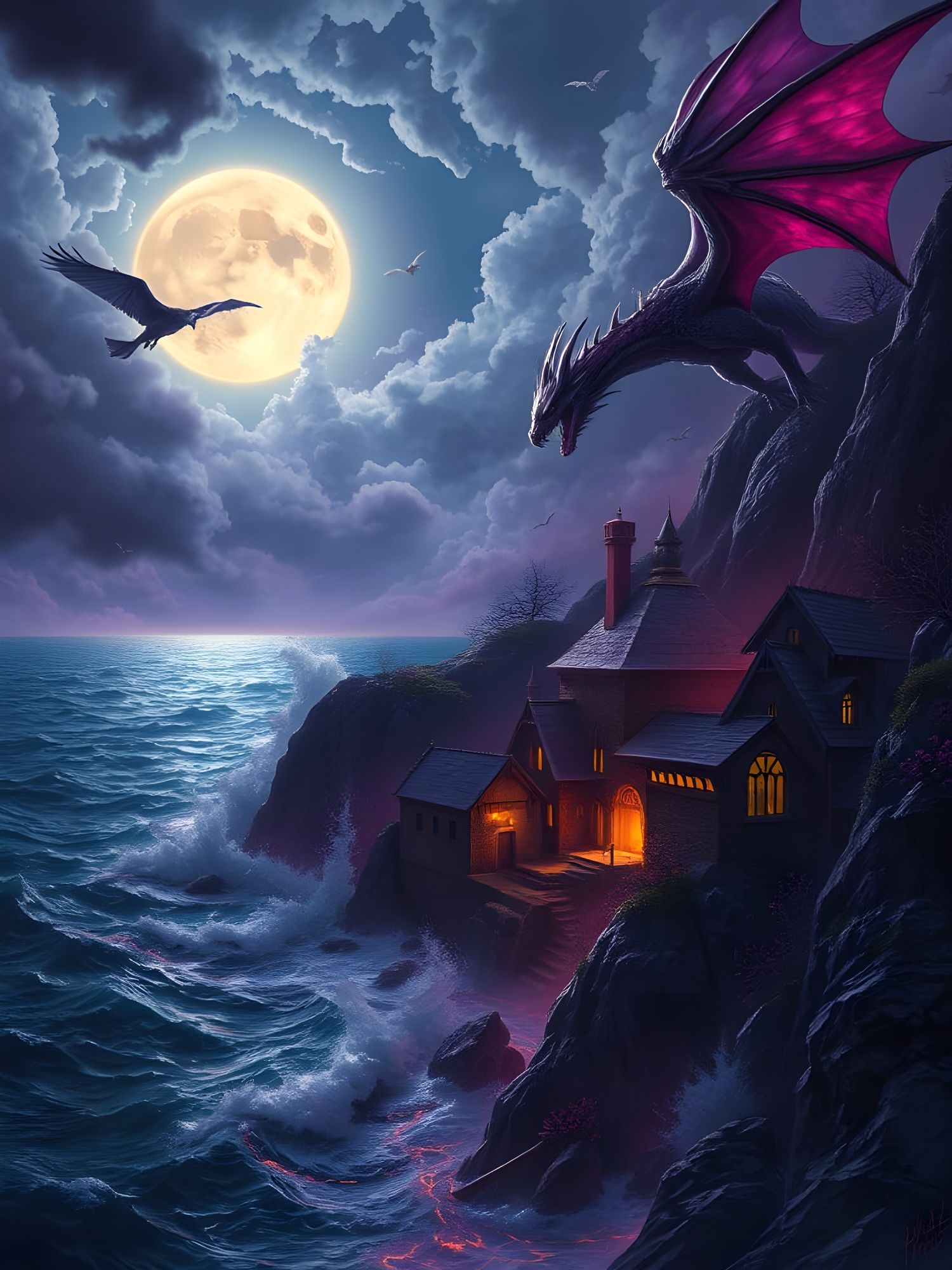 A dark sinister looking little village built along a winding Coast, the Moon is in the clouds and to see is breaking hard, a dragon flying o...