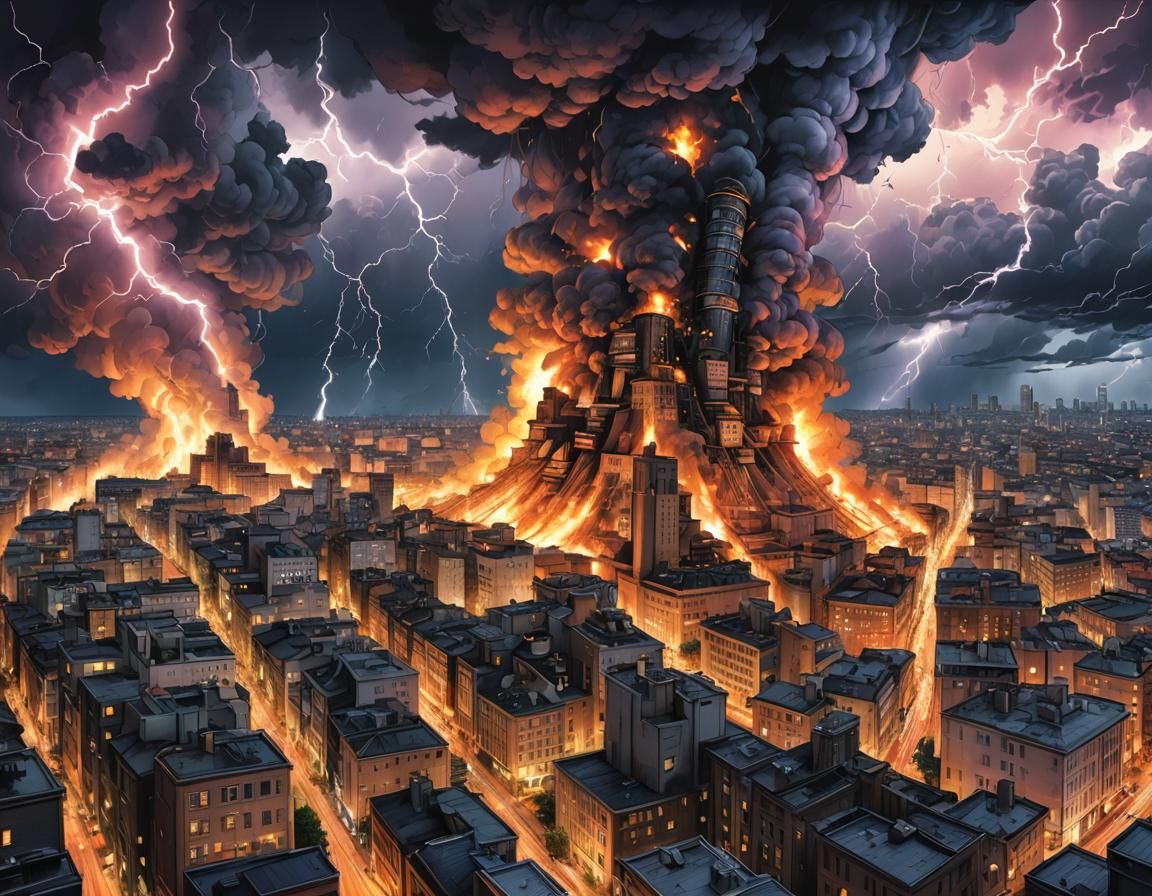 Wind tornado, lightnings and fire all over the city.