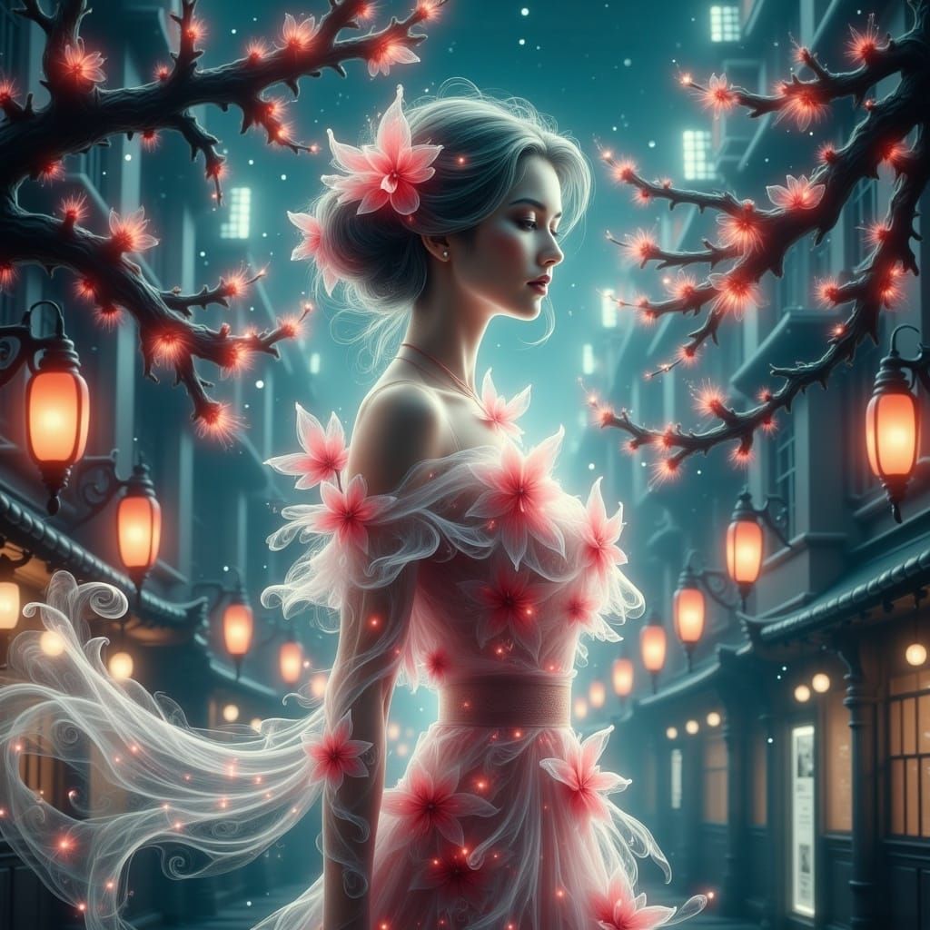 <lora:Ghost Flux:1.0>  a stunningly beautiful ghost young European woman in beautiful minimalist transparent dress made of glowing pink cher...