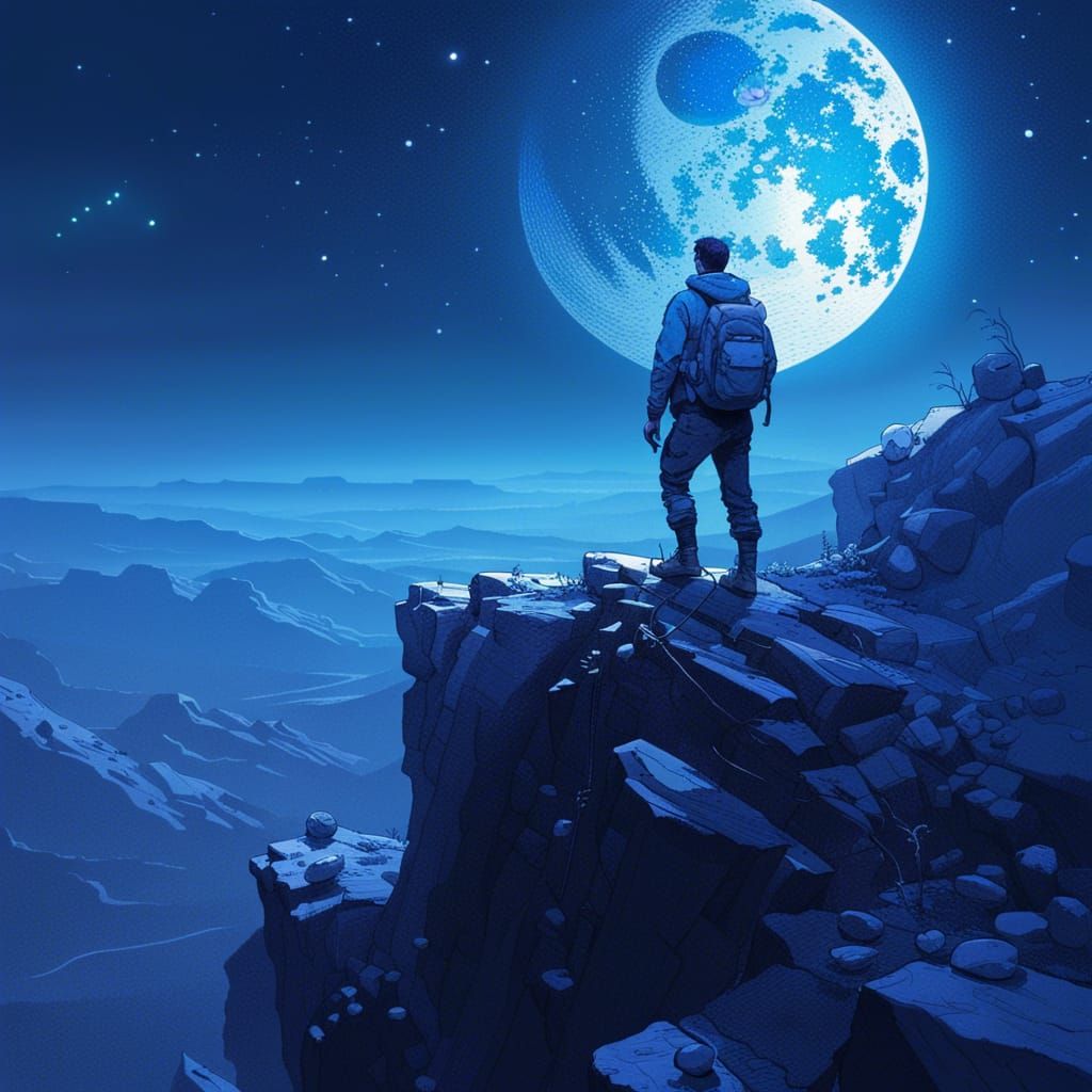 Hiker on a mountain top at night  by @Mike Ritchie