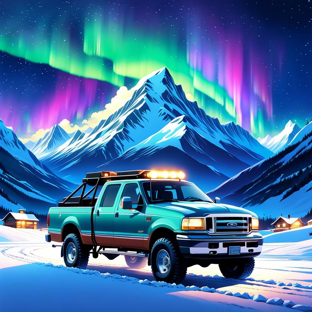Artic expedition 1998 Ford F-250, snowcapped mountains in ba...