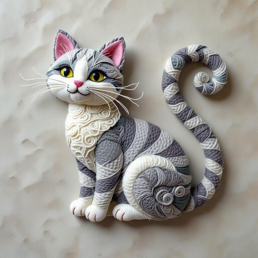 Felt Fabric Cat Sculpture: Artistic Curled Creation